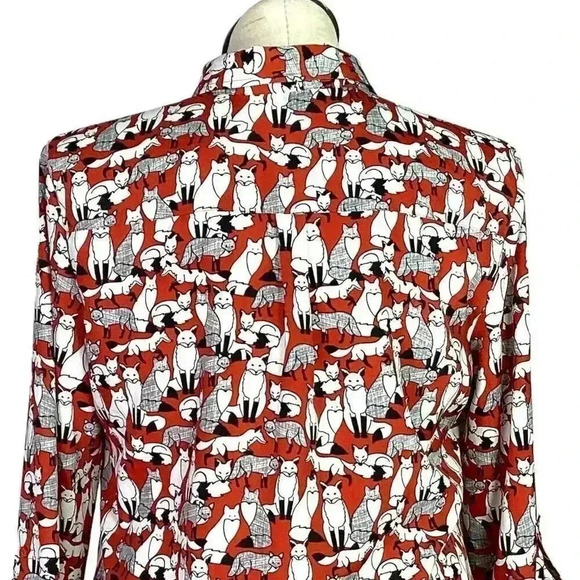 Ann Taylor Top Women L Multicolor Fox Print Half Button Tunic Roll Tab Sleeve - Picture 8 of 9